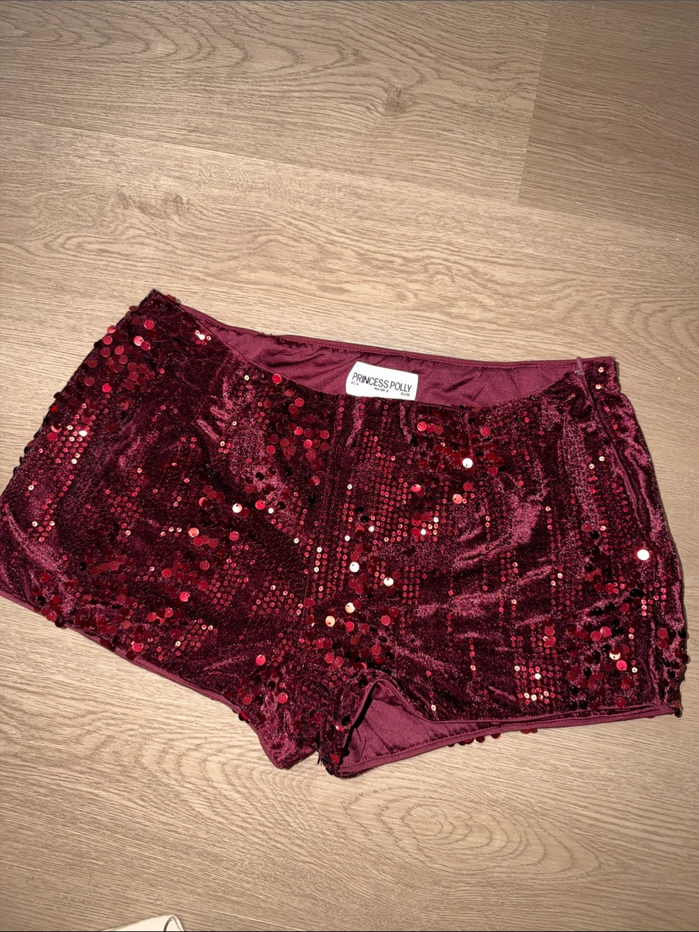 Princess Polly Wine Red Sequin Velvet Bike Shorts